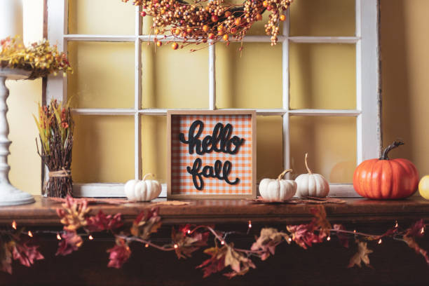 istock Autumn decor on fireplace mantel 1146783237