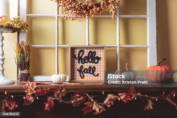 Autumn Decor On Fireplace Mantel Stock Photo - Download Image Now - Autumn, Home Decor, Decoration