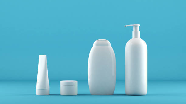 Blank cosmetics packaging containers on blue background, 3d illustration