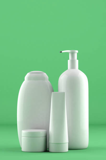 istock Blank cosmetics packaging containers on green background, 3d illustration 1146788559