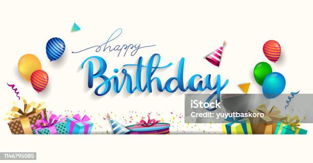 Happy Birthday Typography Vector Design For Greeting Cards And Poster With Balloon Confetti And Gift Box Design Template For Birthday Celebration Stock Illustration - Download Image Now