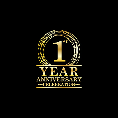 anniversary celebration emblem 1st year anniversary logo with ring and elegance golden color on black background, vector illustration template design for celebration greeting card and invitation card