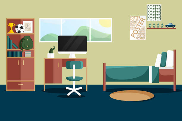 Vector Flat Interior Design of Single Bedroom Vector Interior Design of Single Bedroom for Boy with Home Furniture. Vector illustration in Flat Style. Design Concept of Modern Dormitory Interior. Child Room with Desk, Library, Computer and etc bedroom drawings stock illustrations