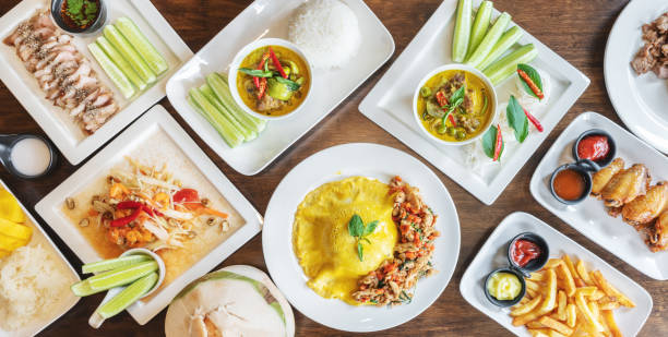 istock Asian food on wooden table, top view 1146800298