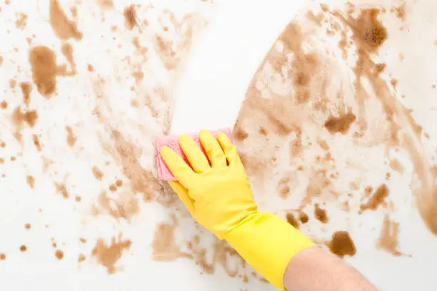 Gloved hand wiping clean a messy counter top or floor with a sponge