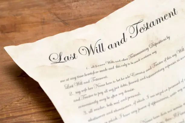 Close up of an old last will and testament document