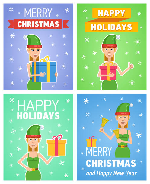 ilustrações, clipart, desenhos animados e ícones de jogo de cartazes diferentes do natal. cartão do natal, cartaz. caixa de presente fêmea alegre da terra arrendada do duende do natal, presente, sinos do jingle. celebração do ano novo - placard holding celebration women