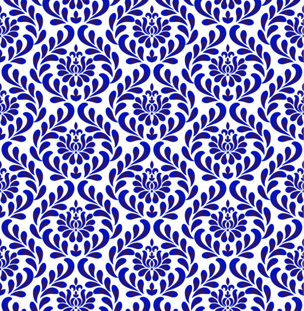 floral seamless damask pattern seamless damask pattern, blue and white wallpaper classic style of baroque, porcelain floral decorative background for design, texture, wall, fabric and silk, vector illustration persian pottery stock illustrations