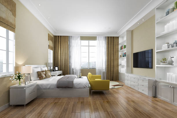 3d rendering contemporary wood bedroom with built in bookshelf - 2359 imagens e fotografias de stock
