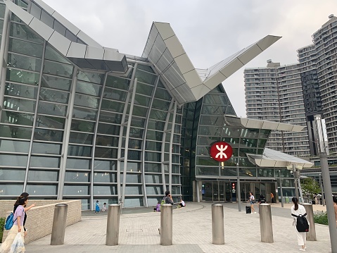 Hong Kong -3 May 2019,  the hong kong west kowloon station exterior. it is the station of Guangzhou–Shenzhen–Hong Kong Express Rail Link (Hong Kong Section)