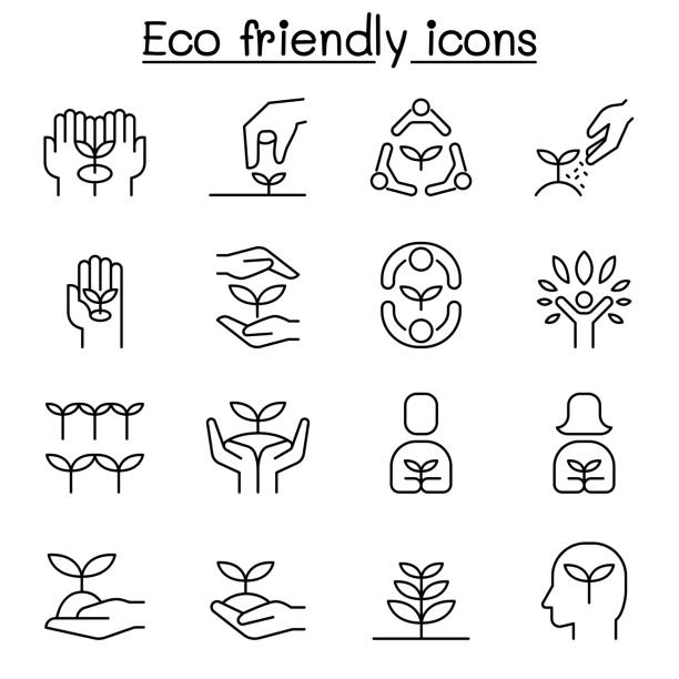 illustrazioni stock, clip art, cartoni animati e icone di tendenza di icona eco-friendly, conservazione, risparmio della natura, dell'ecologia e dell'ambiente incastonata in stile sottile - growth plant human hand tree