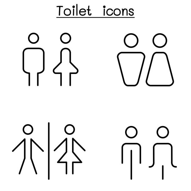 illustrations, cliparts, dessins animés et icônes de toilette, toilettes, icône de salle de bain ensemble dans le style de ligne mince - public restroom bathroom restroom sign sign