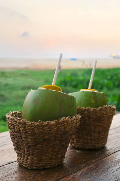 Image of drinking fresh coconut water / milk from straw, tropical coco gelado drink from green coconut juice in woven straw basket with sunset beach in Goa / Kerala, India, natural refreshments for tourists on Indian holiday vacation with two coconuts Stock photo of drinking from two green coconuts with straws on beach holiday, tropical coconut milk / water served in baskets with Goa beach sunset in background, idyllic paradise setting. palolem beach stock pictures, royalty-free photos & images