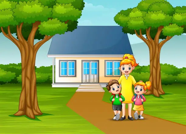 Vector illustration of Happy mother with children in front of the house yard