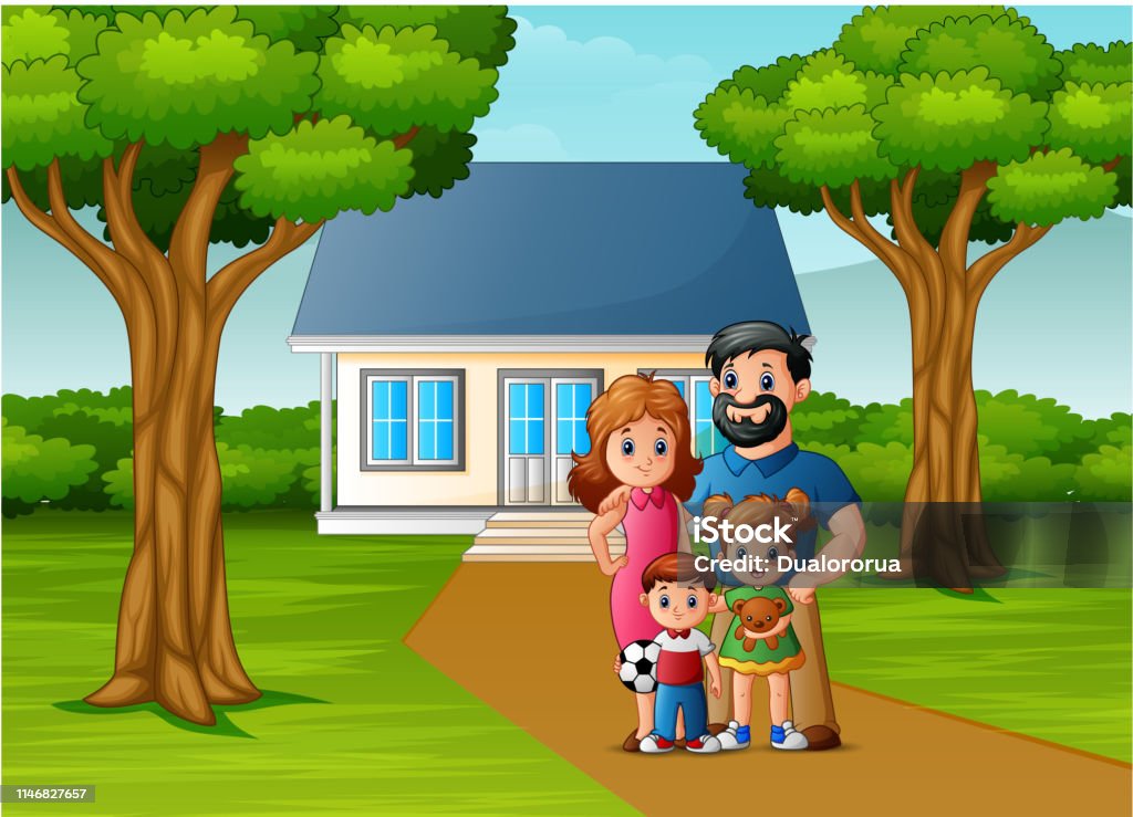 Cartoon Family In Front Of The House Yard Stock Illustration - Download  Image Now - Agricultural Field, Beauty, Boys - iStock