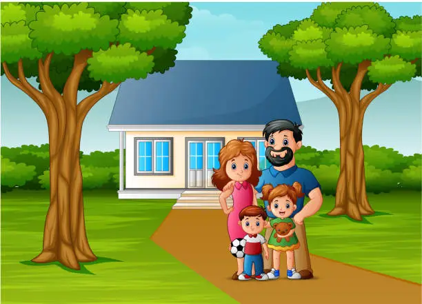 Vector illustration of Cartoon family in front of the house yard