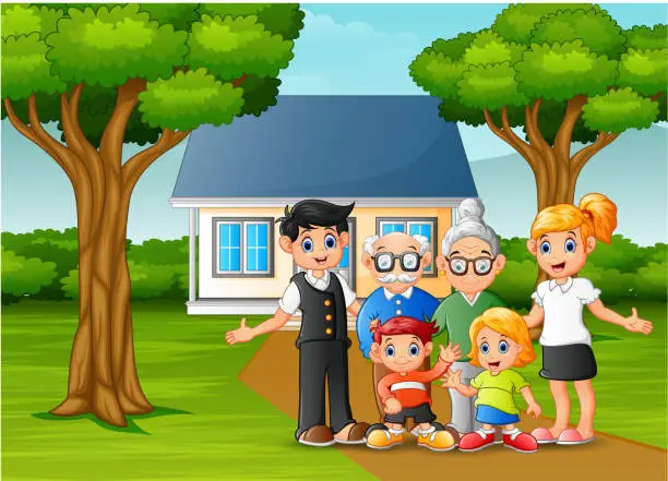 Vector illustration of Cartoon family in front of the house yard