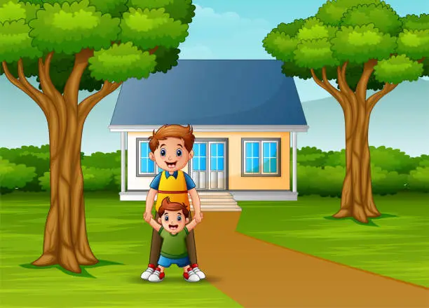 Vector illustration of Happy father with her son in front of the house yard
