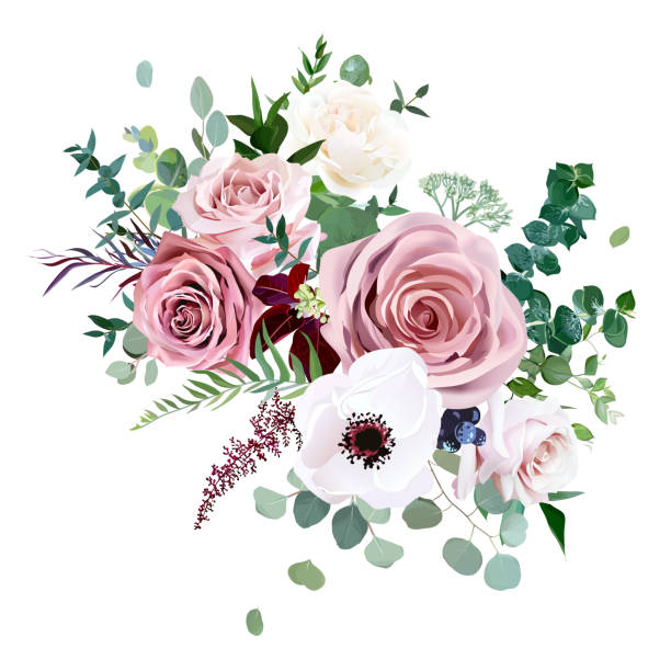 rose, anemone, helle blumen vektordesign hochzeitsstrauß - windröschen stock-grafiken, -clipart, -cartoons und -symbole