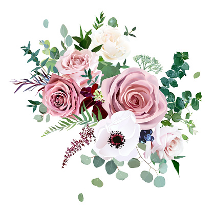 Dusty pink,creamy white antique rose, anemone,pale flowers vector design wedding bouquet.Eucalyptus, burgundy agonis,astilbe, greenery.Floral pastel watercolor style.Elements are isolated and editable