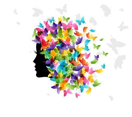 Woman with hair from butterflies. Vector isolated decoration element from scattered silhouettes. Conceptual illustration of beauty and style.