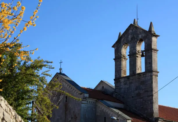 Photo of Church with bell tower in Pula view in spring time with blooming forsythia.