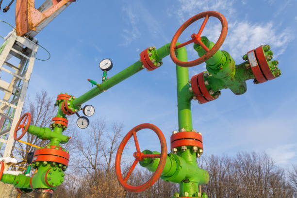 Horizontal view of a wellhead with valve armature. Oil and gas industry concept. Oil valve with rocking in the background. Offshore oil and gas site service operator open valve for control gases vista horizontal de una cabeza de pozo con armadura de válvula. concepto de la industria del petróleo y el gas. válvula de aceite con balanceo en el fondo. la válvula abierta del operador de servicio de petróleo y gas en alta mar para gases de contro