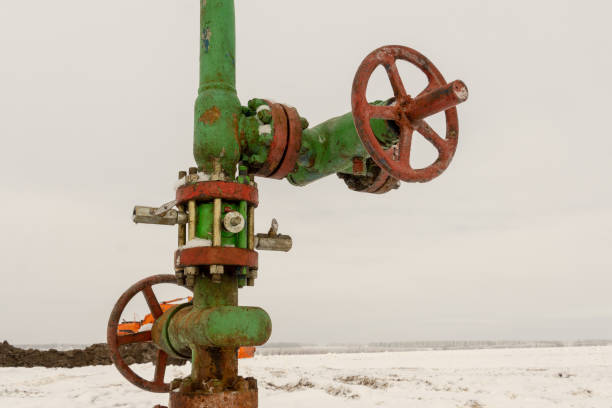 Horizontal view of a wellhead with valve armature. Oil and gas industry concept. Oil valve with rocking in the background. Offshore oil and gas site service operator open valve for control gases vista horizontal de una cabeza de pozo con armadura de válvula. concepto de la industria del petróleo y el gas. válvula de aceite con balanceo en el fondo. la válvula abierta del operador de servicio de petróleo y gas en alta mar para gases de contro