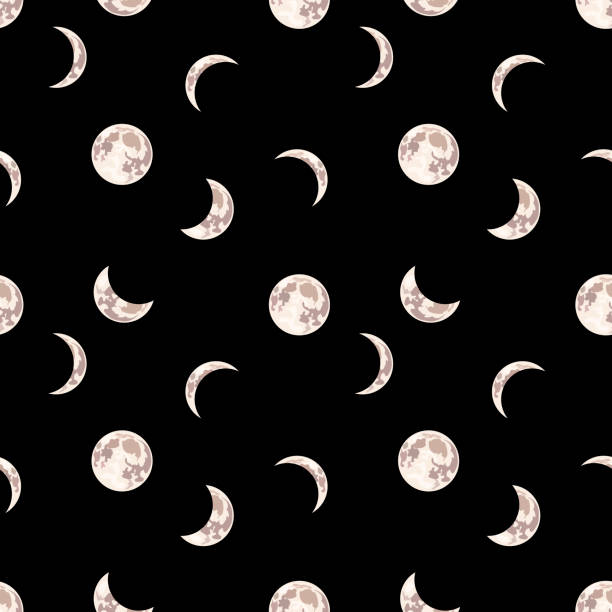 Vector Seamless Pattern: Moon, Night Sky Black Background with Different Phase of Moon. Vector Seamless Pattern: Moon, Night Sky Black Background with Different Phase of Moon, Cartoon Illustration. moon patterns stock illustrations