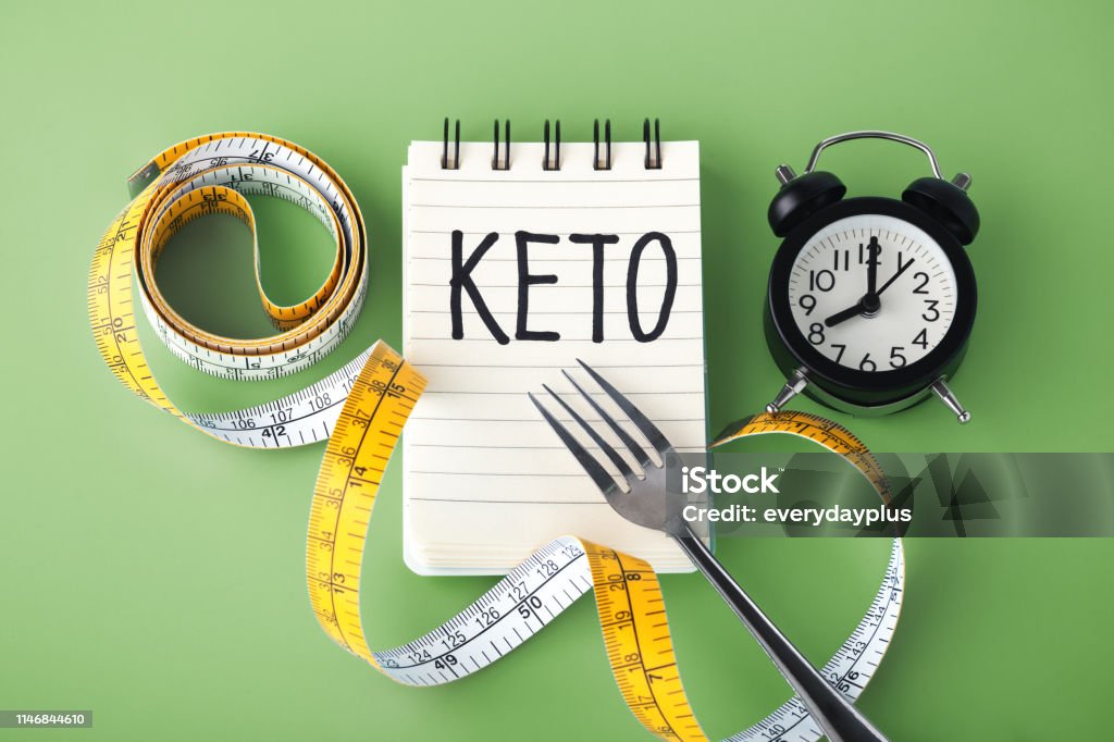 Intermittent fasting on keto concept on green background Keto word with clock fork and measuring tape around, intermittent fasting on keto concept Ketogenic Diet Stock Photo