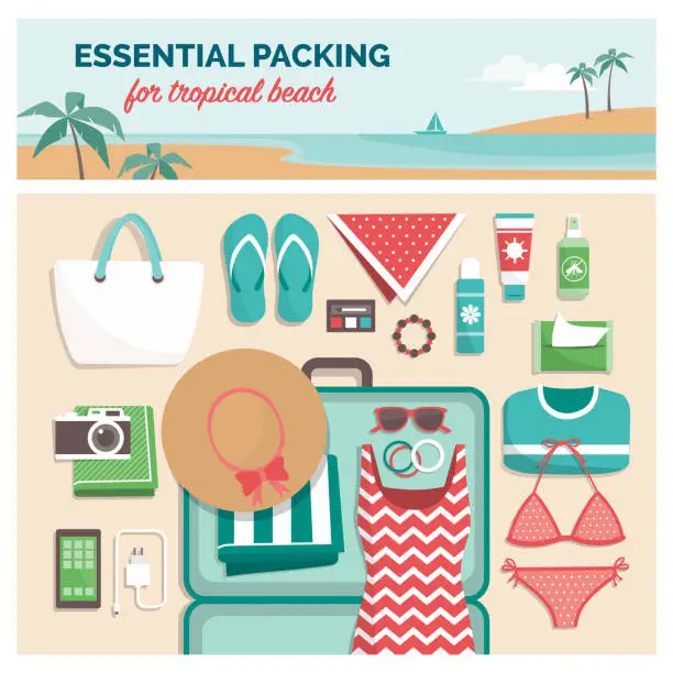 Vector illustration of Essential packing for tropical beach