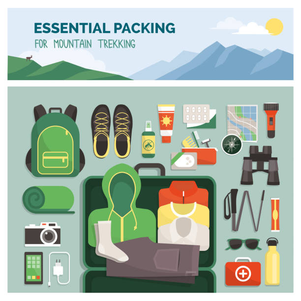 ilustrações de stock, clip art, desenhos animados e ícones de essential packing for mountain trekking - packing bag travel