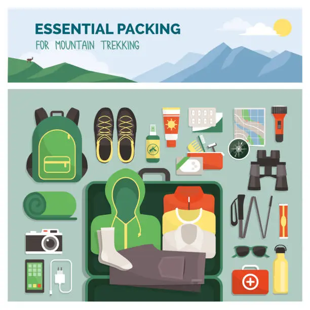 Vector illustration of Essential packing for mountain trekking