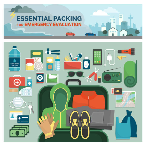Essential packing for emergency evacuation Essential packing kit for emergency evacuation, emergency preparedness and safety guide, flat lay objects and tools emergency plan document stock illustrations