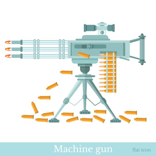 Flat machine gun with machine-gun belt and sleeve isolated on white Flat machine gun with machine-gun belt and sleeve isolated on white machine gun stock illustrations