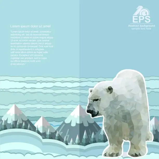 Vector illustration of Crumpled paper background with polar bear and snow forest and mountains on horizont