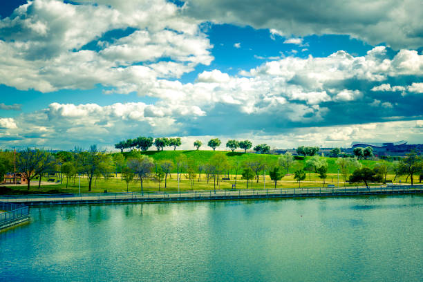 landscape of green park wiht  a lake in Madrid city