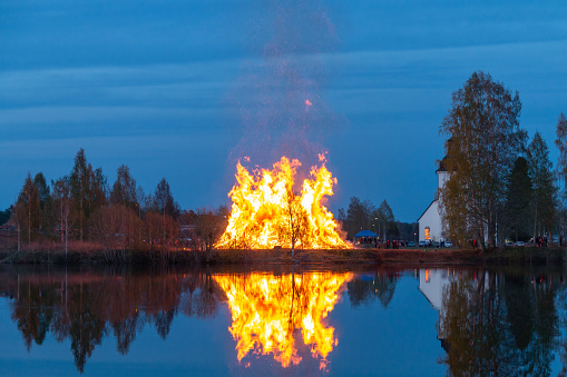 Huge bonfire in the region of Dalarna in Sweden celebrating St. Walpurga or Valborg and the beginning of springtime. The day of celebration is called Valborgsmässoafton.