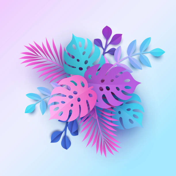istock Colorful tropical leaves background in modern paper cutting style. Bouquet, pastel botanical backdrop, jungle nature 1146863938