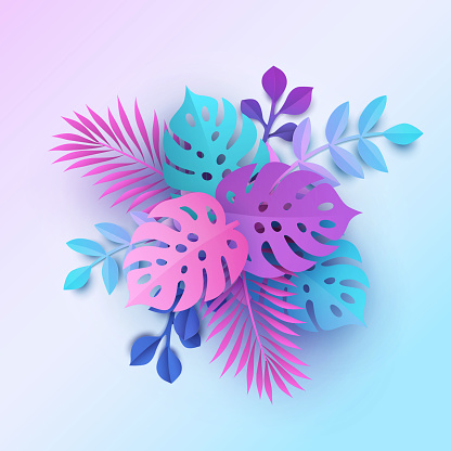 Colorful tropical leaves background in modern paper cutting style. Bouquet, pastel botanical backdrop, jungle nature, bright colors of blue, pink and purple hues. Digital craft style
