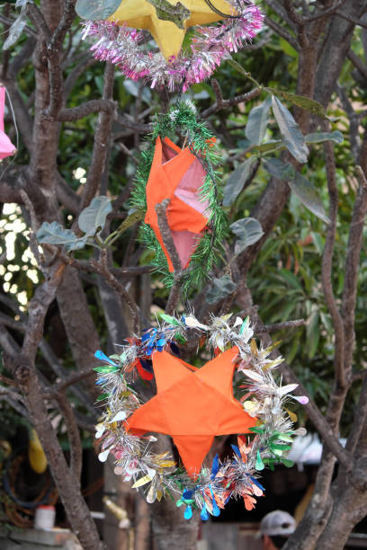istock Festive decorations hanging on the trees. Bright orange stars decorated with shiny tinsel. 1146869776