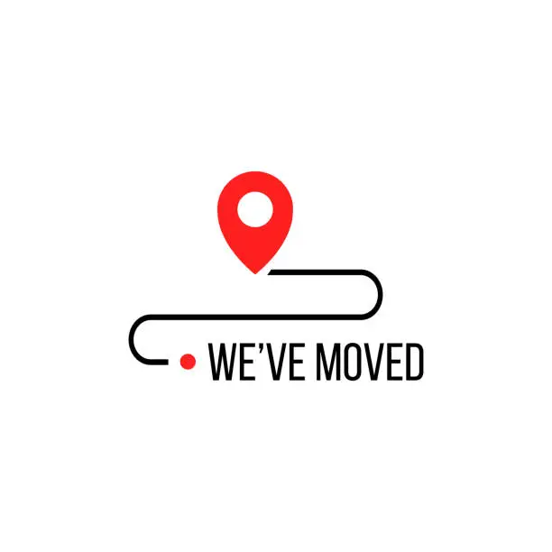 Vector illustration of We moved minimal icon with pin. Vector concept of interest land mark like ecommerce delivery or transfer. Flat stroke trendy locator simple design illustration element.