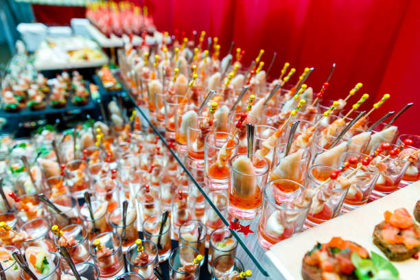istock appetizers on skewers, desserts. fruit smoothie. Salads. Snacks. Buffet 1146876642
