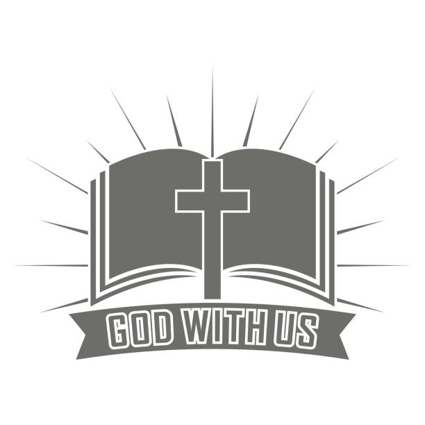 istock Black and white illustration cross bible rays and banner with text 1146880129