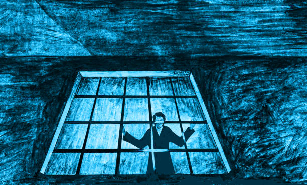 Modern work of art my original drawing in blue watercolor allegory fantasy image  horizontal portrait of a man imprisoned in a prison cell in black clothes protest an attempt to escape from prison Modern work of art my original drawing in blue watercolor allegory fantasy image  horizontal portrait of a man imprisoned in a prison cell in black clothes protest an attempt to escape from prison against the background of prison bars and walls of an old prison building in shades of blue prison illustrations stock illustrations