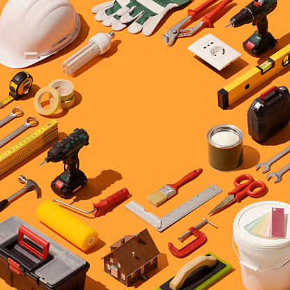 DIY, construction and home renovation concept: isometric tools and equipment
