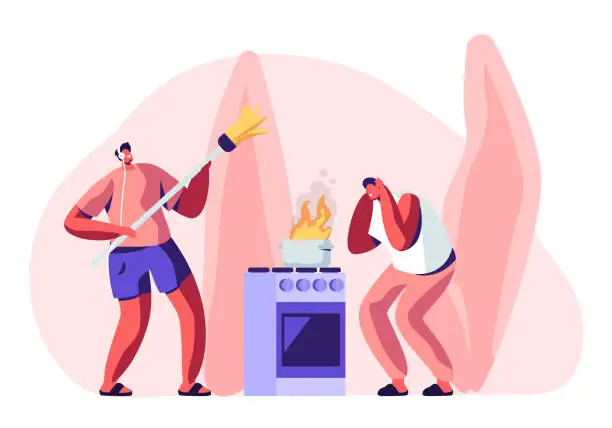 Vector illustration of Household Male Character Housekeeping. Frightened Man Stand at Oven with Burning Fire in Pan, Guy in Headset Listening Music and Dancing with Broom while Cleaning Home Cartoon Flat Vector Illustration