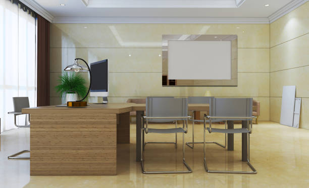 istock modern cabinet with marble walls and a large window. business background. 3D rendering. Blank paintings.  Mockup. 1146889768