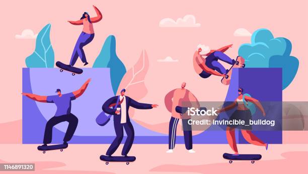Male And Female Skateboard Characters Stylish Skating Teenagers Making Stunts And Tricks Jumping On High Speed On Boards Extreme Summertime Activity Skateboarding Cartoon Flat Vector Illustration Stock Illustration - Download Image Now