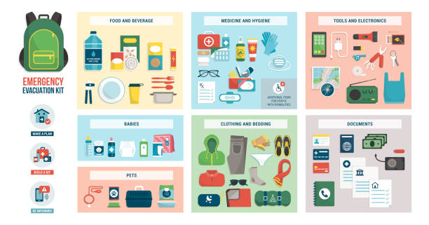 비상 대피 키트 (소모품 포함) - first aid kit stock illustrations